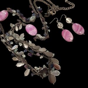 Chico's long necklace + earrings natural gemstones amethyst agate shells